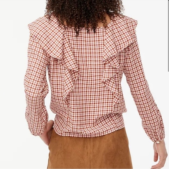 NWOT J. Crew Gingham Flannel Red White  Square Neck Ruffle 100% Cotton Top S - Picture 2 of 8